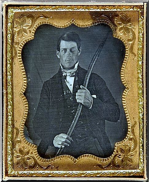 A framed picture of Phineas Gage