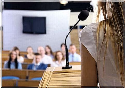 Woman lecturing.